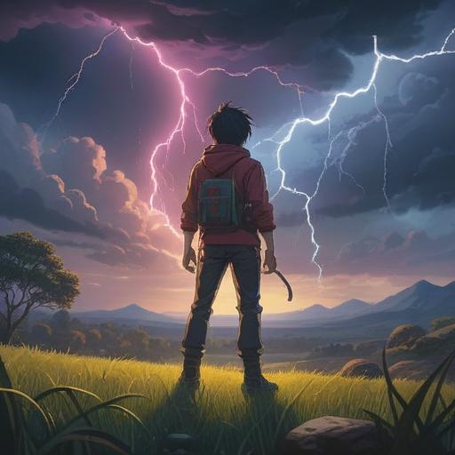 A powerful lightning striking down from a stormy sky, illuminating a serene landscape, a figure standing in awe, surrounded by nature, symbols of spiritual energy and awareness, vibrant colors and contrasting shadows, a sense of caution and respect, 4k