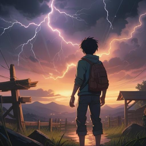 A serene scene depicting a person discovering a lucky accessory after witnessing a lightning strike, vibrant lightning illuminating the dark stormy sky, the character kneeling down in awe, surrounded by nature with raindrops glistening, a small charm glowing softly in their hand, sense of wonder and fortune, lush greenery in the background, magical atmosphere, high detail, 4k