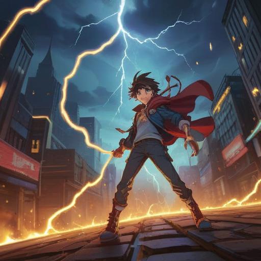 A powerful scene depicting a character harnessing the energy of a lightning strike, dramatic lighting and dynamic pose, surrounded by swirling, electrified energy, a stormy sky in the background, vivid colors highlighting the contrast between light and dark, action-packed atmosphere, intense focus on the character's determination, mystical elements representing energy manipulation, 4k