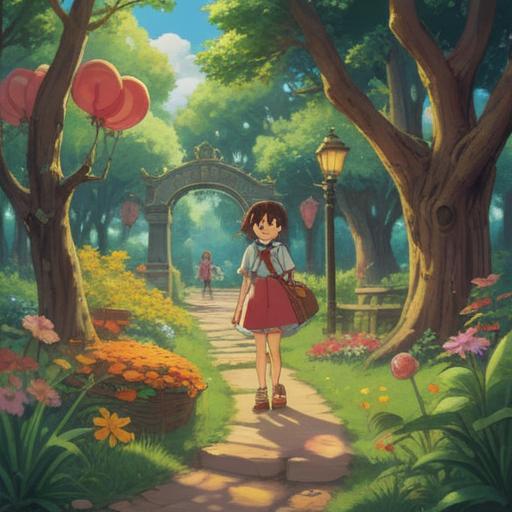 A whimsical scene of discovering a lost lucky item, vibrant colors, a charming park setting, sunlight filtering through trees, a surprised character picking up a shiny object, various lost items scattered around, a sense of serendipity, cheerful atmosphere, detailed textures, 4k