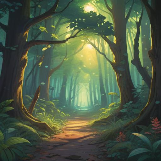 A serene forest scene, soft sunlight filtering through the trees, a lost item partially hidden among the leaves, subtle signs like feathers and crystals scattered around, a feeling of gentle guidance, ethereal glow, hint of magical realism, 4k