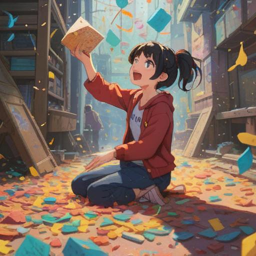 A vibrant scene depicting a person joyfully discovering a dropped item on the ground, surrounded by a burst of colorful confetti, radiant sunlight filtering through the trees, expressions of surprise and happiness, a playful street setting, detailed textures, warm and inviting colors, dynamic composition, whimsical atmosphere, 4k