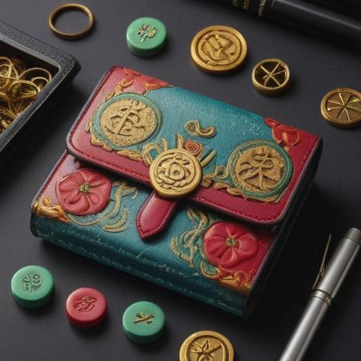 A whimsical illustration featuring a vibrant lucky charm in the shape of a traditional wallet, surrounded by cheerful symbols of good fortune like four-leaf clovers and small lucky cats, bright colors, inviting atmosphere, intricate details on the charm, sunny background, playful and positive energy, 4k