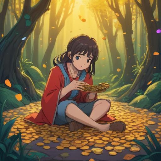 A serene and mystical scene depicting a person joyfully discovering a handful of coins shining softly on the ground, surrounded by a gentle aura of light, symbols of abundance and prosperity in the air, a tranquil forest background with lush greenery, soft golden sunlight filtering through the trees, conveying a sense of hope and positivity, spiritual elements subtly integrated, inviting and uplifting atmosphere, 4k