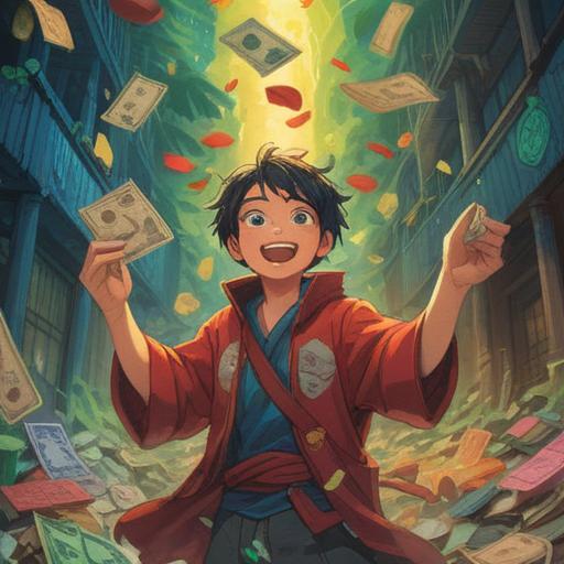 A serene spiritual illustration depicting a person joyfully finding money they dropped, surrounded by ethereal light, symbolic representations of good fortune, natural elements like blooming flowers and radiant sunbeams, a peaceful and uplifting atmosphere, gentle colors, 4k