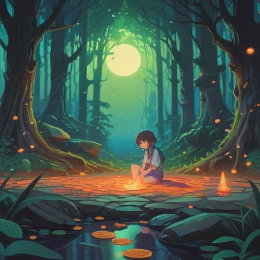 A mystical illustration depicting a lost coin on the ground, surrounded by ethereal light, symbolic patterns in the background, a gentle breeze causing nearby leaves to float, a serene atmosphere conveying a sense of caution and reflection, reflective surfaces highlighting the coin's significance, rich details in the environment emphasizing the importance of spiritual awareness, 4k