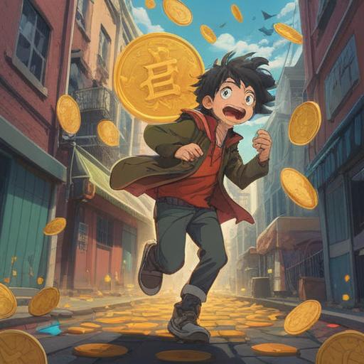 A whimsical illustration of a person joyfully chasing after a floating coin, surrounded by a vibrant urban setting, symbols of luck like four-leaf clovers and horseshoes in the air, bright sunny day, cheerful expressions, dynamic movement, hopeful atmosphere, 4k