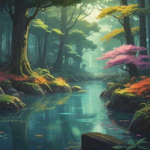 A serene and tranquil sanctuary, soft natural light filtering through trees, gentle flowing water nearby, a sense of peace and reflection, vibrant greenery, a comfortable seating area, ethereal atmosphere, connection to nature, spiritual essence, harmony and balance, 4k