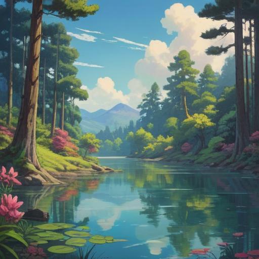 A serene and peaceful environment, soft natural light filtering through trees, a tranquil lake reflecting the sky, gentle ripples on the water, a meditative figure sitting by the shore, surrounded by lush greenery, symbols of spirituality and harmony, vibrant flowers adding color, calming atmosphere, inviting sense of connection, 4k