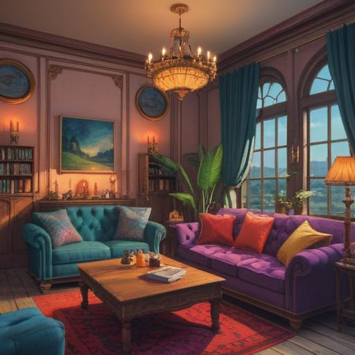A serene and tranquil indoor space, filled with soft natural light, cozy seating area with plush cushions, aromatic candles emitting gentle wisps of fragrant smoke, lush indoor plants providing a sense of calm, a wooden coffee table with essential oil bottles, soothing color palette, peaceful ambiance, inviting atmosphere, 4k