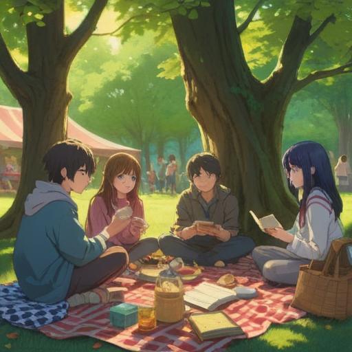 A serene scene of a peaceful gathering, people sitting together sharing stories, warm sunlight filtering through trees, a picnic blanket spread on green grass, beautiful nature surrounding, joy and laughter among friends, vibrant colors, harmonious atmosphere, 4k
