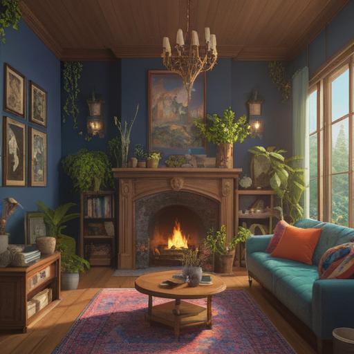 A serene home interior, calming colors, soft lighting, spiritual ambiance, cozy living space with plants, warm textures, peaceful vibes, inviting atmosphere, harmonious decor, signs of tranquility, 4k