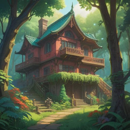 A serene and inviting home hidden in nature, surrounded by lush greenery, soft sunlight filtering through the trees, subtle spiritual symbols subtly integrated into the decor, a peaceful atmosphere, inviting room with cozy furniture, gentle reminders of mindfulness, harmonious color palette, tranquil vibes, 4k