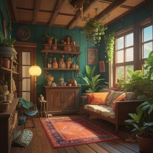 A cozy home interior filled with lucky decorations, warm and inviting colors, plants symbolizing growth and prosperity, a harmonious arrangement of feng shui elements, soft lighting creating a peaceful ambiance, wall art depicting good fortune symbols, a welcoming atmosphere, detailed furnishings enhancing comfort, 4k