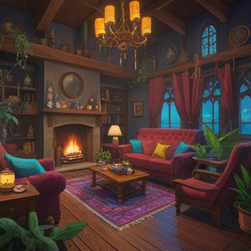 A cozy living room filled with various divination items, vibrant colors, mystical symbols, candles glowing softly, plants enhancing energy, crystal arrangements on shelves, warm and inviting atmosphere, ethereal lighting, detailed decor, harmony and balance in the space, 4k