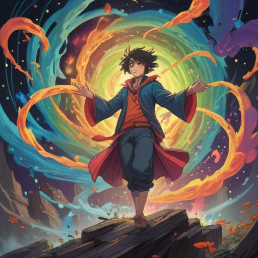 A vibrant illustration depicting a person surrounded by swirling energy and light, representing spiritual growth and transformation, bright colors intertwining, dreamy and ethereal atmosphere, nature elements like trees and flowers symbolizing harmony, expressive facial features showing curiosity and openness, intricate patterns of energy, 4k