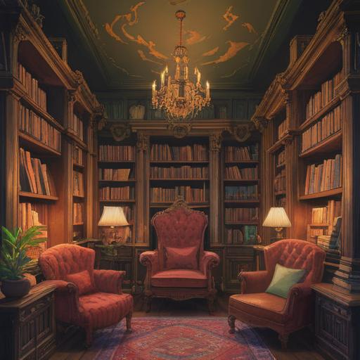 A serene library scene, books stacked neatly on shelves, a cozy reading nook with a comfy chair, warm sunlight filtering through a window, a quiet atmosphere inviting contemplation, organized notes and papers on a desk, rich wood tones, detailed textures, peaceful ambiance, 4k