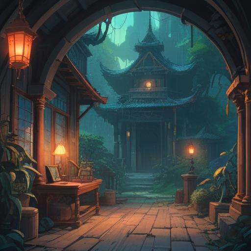 A tranquil yet unsettling environment, ethereal elements, contrasting shadows, mystic symbols scattered around, serene but eerie ambiance, a sense of spiritual contemplation, subtle light breaking through darkness, capturing the essence of restlessness in a spiritual journey, 4k