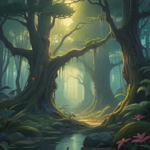 A serene yet intriguing setting in a mystical forest, ethereal light filtering through ancient trees, vibrant greenery, symbols of tranquility and hope woven into the landscape, a gentle stream flowing, soft whispers of nature, a sense of spiritual awakening, vibrant colors, harmonious atmosphere, 4k