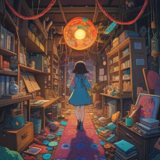 A whimsical illustration of a person discovering a lucky charm in a chaotic environment, surrounded by clutter and distractions, vibrant colors, magical glow around the charm, expressive facial features showing hope and curiosity, fantasy elements subtly incorporated, captivating atmosphere, 4k