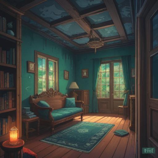 An unsettling home embodying spiritual aspects, dimly lit rooms with flickering shadows, eerie reflections in the mirrors, hauntingly beautiful decor, an atmosphere of unease and introspection, hidden corners with symbolic objects, contrasting serenity with tension, an ethereal presence subtly felt, 4k