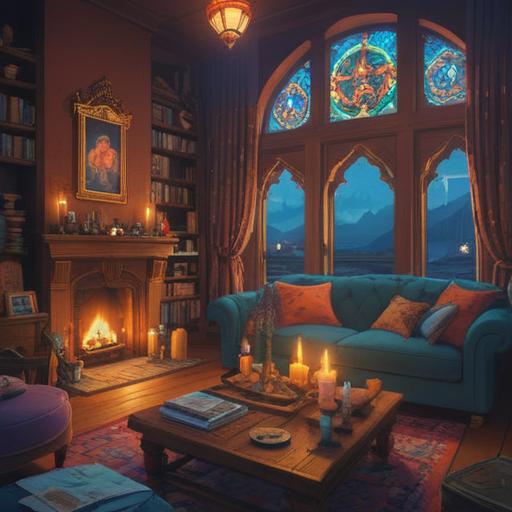 A cozy yet unsettling living room, subtle spiritual symbols in the decor, a warm glow from candles, a window showing a serene night sky, faint ethereal lights dancing, reflecting positive energy, hints of meditation elements, calming and mysterious atmosphere, inviting yet intriguing, 4k