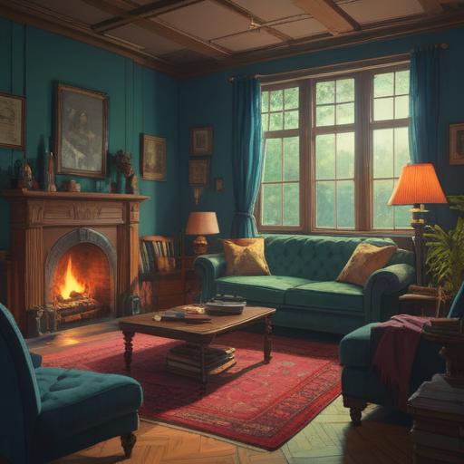 A cozy but unsettling living room, soft light filtering through the windows, subtle paranormal hints, unsettling shadows, strange reflections in mirrors, symbolic objects scattered around, an eerie atmosphere, spiritual symbols subtly integrated, a silent watchfulness, 4k