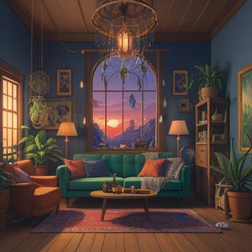 A serene scene depicting a cozy living room, decorated with calming plants, a dream catcher hanging from the ceiling, soft lighting casting a warm glow, a lucky charm placed on a coffee table, a tranquil atmosphere transforming the previously chaotic space, inviting textures and colors, 4k