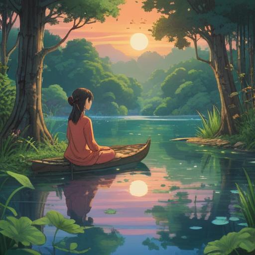 A serene illustration depicting mindfulness practices for inner peace, tranquil setting with a meditative figure, lush greenery surrounding a calm lake, gentle sunlight filtering through trees, peaceful expressions, soft color palette, natural elements promoting relaxation, harmonious atmosphere, detailed texture of nature, 4k