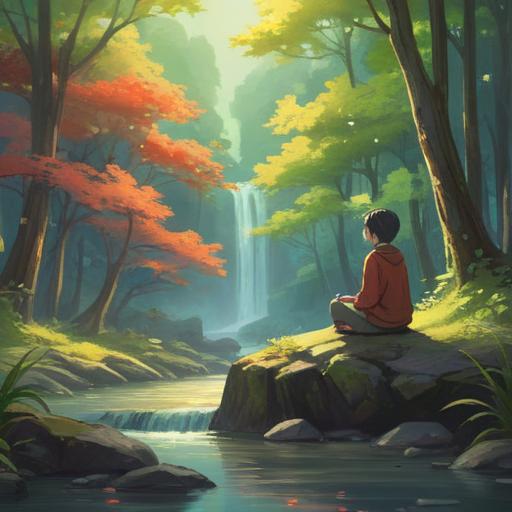 A serene and introspective scene, soft ethereal light filtering through trees, a person sitting on a rock, gazing at a gentle stream, surrounded by glowing orbs representing hope, deep connection to nature, reflections on feelings, a sense of peace and healing, 4k