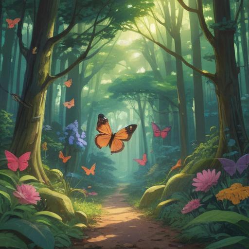 A serene landscape depicting a tranquil forest, soft beams of sunlight filtering through the trees, symbols of hope such as butterflies and blooming flowers, a gentle stream flowing, evoke a sense of peace and spirituality, calming atmosphere, rich colors, 4k