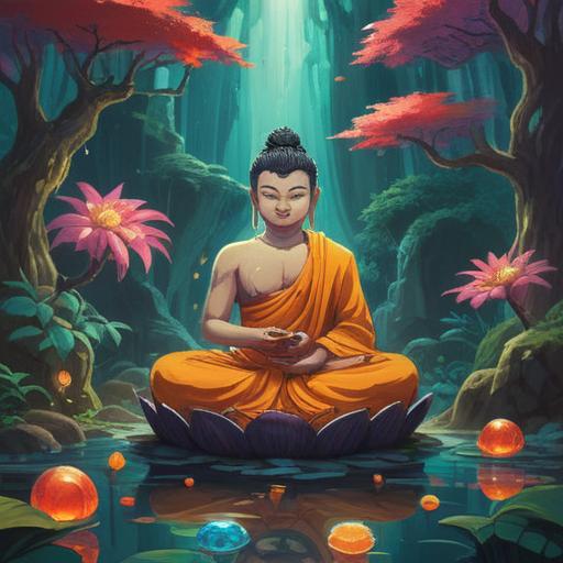 A serene and uplifting scene featuring a collection of spiritual lucky items for times of feeling down, including a glowing crystal, a small Buddha statue, a healing incense holder, a colorful dreamcatcher, and gentle light illuminating the items, surrounded by lush greenery, calming atmosphere, peaceful energy, 4k