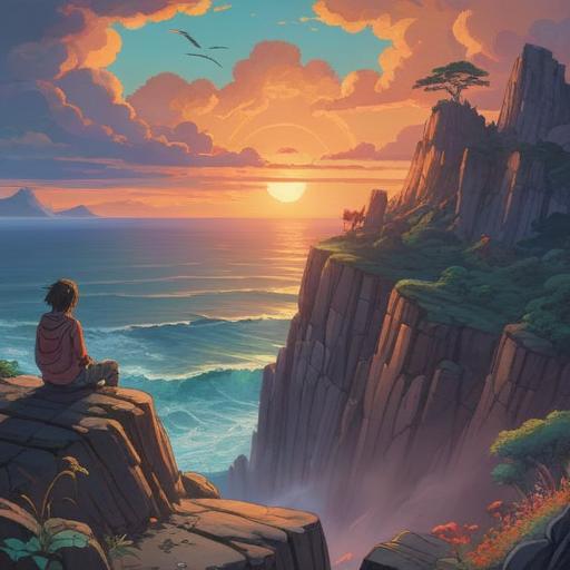 A serene spiritual landscape depicting a figure sitting alone on a rocky cliff, gazing at a sunset over a vast ocean, symbolizing reflection and inner healing, soft waves crashing below, a gentle breeze rustling through nearby trees, warm yet melancholic color palette, ethereal light illuminating the scene, deep emotional resonance, 4k