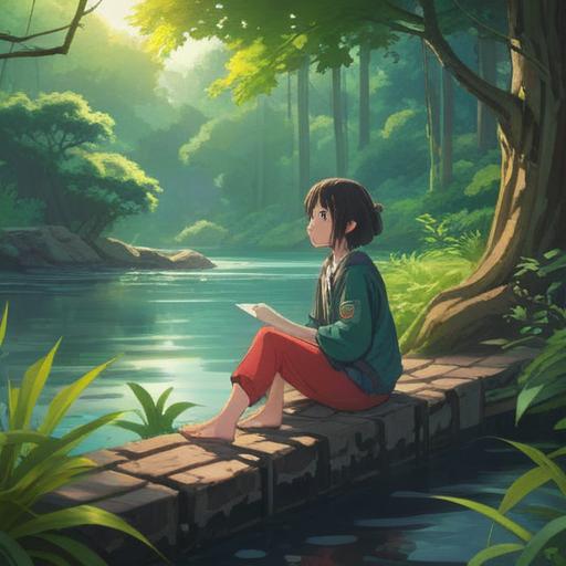 A serene and introspective scene, a person sitting beside a gently flowing river, surrounded by lush greenery, soft sunlight filtering through the trees, reflective expression on their face, symbolizing growth and hope, subtle ethereal glow in the air, warm colors, tranquil atmosphere, peaceful landscape, 4k