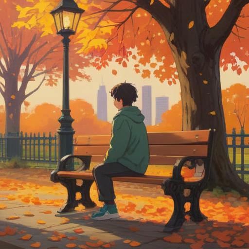 A serene and introspective scene depicting a person sitting on a park bench, surrounded by autumn leaves, feeling melancholic yet reflective, rays of sunlight breaking through the trees, symbolic butterflies fluttering nearby, subtle hints of spiritual signs in the environment, calming colors, nature's tranquility, conveying emotional depth, 4k