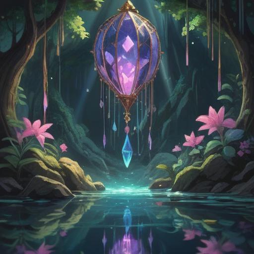 A mystical and serene illustration, showcasing a crystal pendulum glowing softly, surrounded by flowing water and delicate flowers, evoking a sense of balance and harmony, emphasizing positive energy and spiritual growth, tranquil atmosphere, inviting color palette, intricate details, 4k