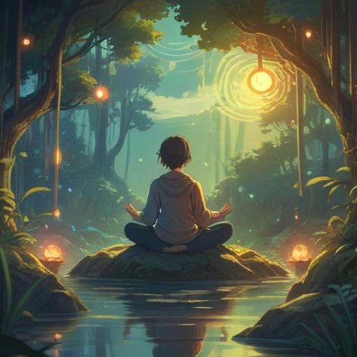 A serene illustration of a person meditating in a tranquil natural setting, surrounded by gentle light, positive energy swirling around them, symbols of luck and harmony, lush greenery, calming water elements, a warm, inviting atmosphere, spiritual growth and mindfulness, 4k