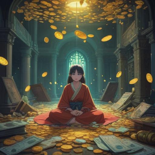 A spiritual representation of fallen money, symbols of prosperity and loss, serene energy around scattered coins and bills, ethereal light illuminating the scene, surrounding nature reflecting abundance, rich textures and contrasting colors, harmonious atmosphere, deep meaning and reflection, 4k