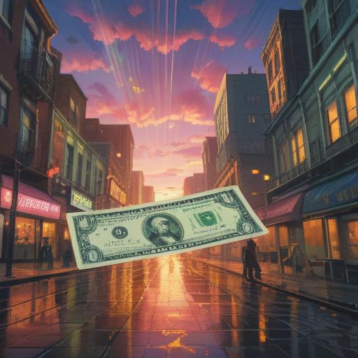 A serene and mystical urban scene, a glowing dollar bill gently drifting down from the sky, surrounded by ethereal light, symbolic representations of prosperity and abundance, a peaceful expression on a person's face observing the moment, enchanting aura of spirituality, vibrant colors, symbolic imagery of good fortune, dreamlike atmosphere, 4k