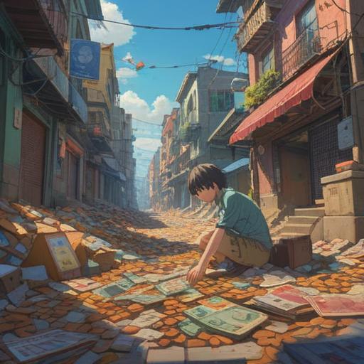 A serene scene depicting a person discovering fallen money on a sunlit street, expression of joy and surprise, vibrant colors, rich details of the surroundings, soft breeze rustling nearby trees, gold coins glimmering on the ground, symbolizing luck and fortune, warm and inviting atmosphere, 4k