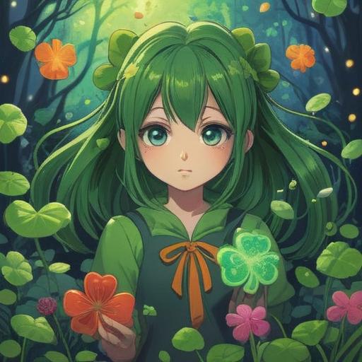 A whimsical illustration of a lucky charm that brings joy, featuring a charming four-leaf clover with sparkling dew drops, surrounded by a serene natural landscape, soft sunlight filtering through trees, vibrant flowers blooming around, a gentle breeze depicted through floating petals, uplifting atmosphere, bright and cheerful colors, 4k