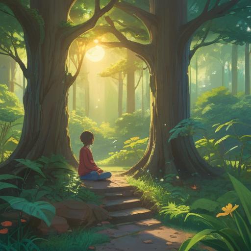 A serene and calming scene, people practicing mindfulness in a tranquil park, sunlight filtering through lush trees, a person meditating on a bench, another reading a book, gentle breeze rustling leaves, soft expressions of contentment, warm and inviting colors, peaceful atmosphere, 4k