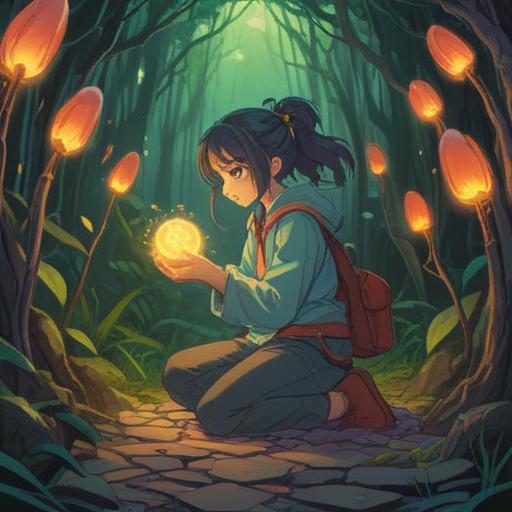 A serene scene depicting a person kneeling to pick up a lost item, surrounded by gentle light, symbolic aura of positive energy, lush greenery in the background, soft focus, sense of calm and tranquility, ethereal glow that represents spiritual guidance, harmonious connection with nature, uplifting atmosphere, 4k