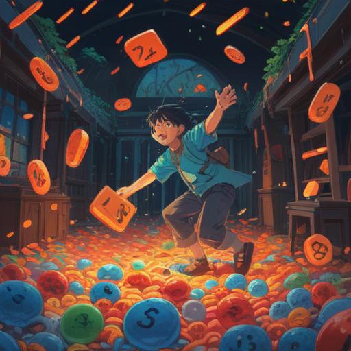 A whimsical and colorful scene depicting a person joyfully picking up a lost item, surrounded by vibrant, floating numbers representing luck, a gentle breeze rustling leaves, a sunny day with soft light filtering through trees, a sense of wonder and fortune, detailed texture in the foreground, enchanting atmosphere, 4k