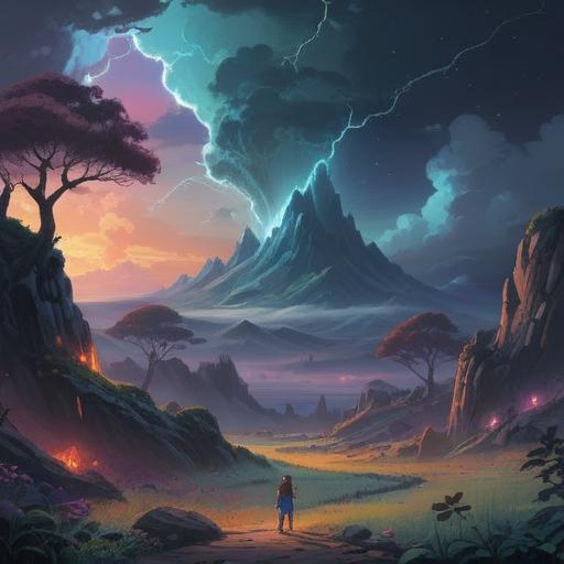 A transformative journey inspired by the hidden power of thunder crystals, a mystical landscape with vibrant energy, glowing crystals surrounded by stormy skies, characters experiencing enlightenment, lush greenery contrasting with electric blue hues, a journey of self-discovery, 4k