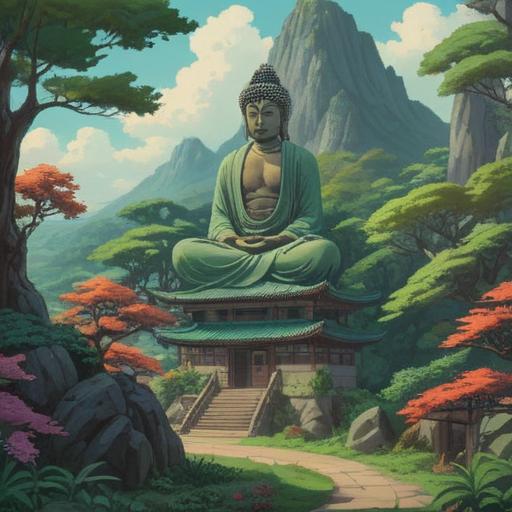 A serene landscape featuring the Raizan Kannon, a tranquil mountain backdrop, lush greenery surrounding the statue, peaceful atmosphere, spiritual aura emanating from the Kannon, soft rays of sunlight filtering through the trees, reflection in a nearby pond, harmonious balance of nature, ethereal presence, 4k