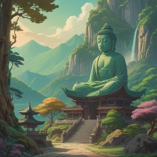 A serene landscape featuring the Raizan Kannon temple, lush green mountains in the background, mystical aura surrounding the statue, rays of light illuminating the figure of Kannon, people meditating in front of the temple, peaceful atmosphere, traditional Japanese architecture, symbolic representation of good omens and spirituality, vibrant colors, 4k