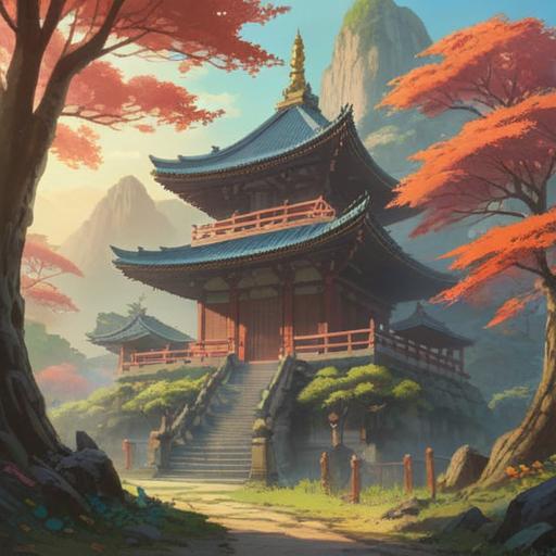A serene landscape featuring the Raizan Kannon Temple, soft sunlight filtering through the trees, ethereal mist hovering over the ground, signs of spiritual energy visible in the surroundings, vibrant flora, tranquil atmosphere, subtle mythical symbols in the air, peaceful pilgrimage scene, inviting path leading to the temple, 4k