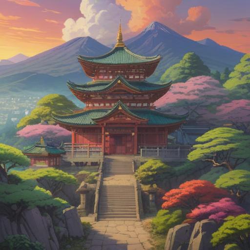 A serene landscape featuring the 雷山観音 (Raizan Kannon) temple, surrounded by lush greenery and vibrant flowers, a mystical aura enveloping the scene, people visiting for blessings, lucky items displayed prominently, soft sunlight filtering through the trees, tranquil atmosphere, spiritual energy, detailed temple architecture, 4k