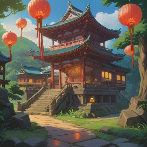 A serene scene at Raizan Kannon after a visit, tranquil atmosphere, peaceful temple grounds, lush greenery, glowing lanterns, gentle sunlight filtering through trees, meditative posture, soft focus on a person contemplating, embracing mindfulness, relaxation techniques, calm spirit, 4k